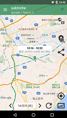 どこいるの の地図画面。家族の現在地と移動経路が地図上に表示されている